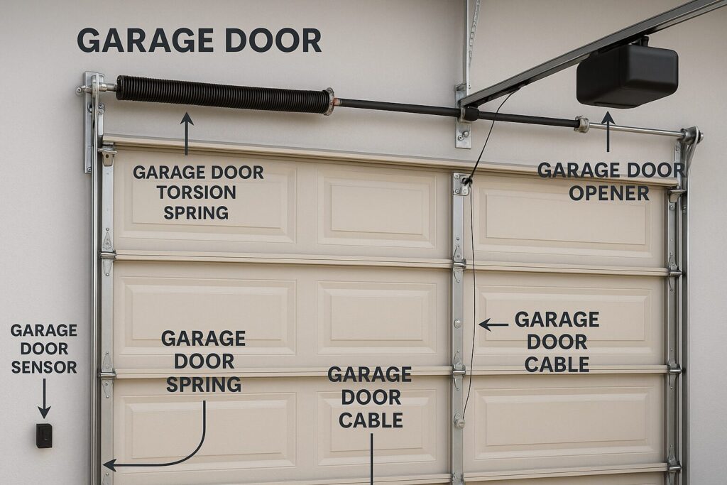 Infographics of parts of a garage door system