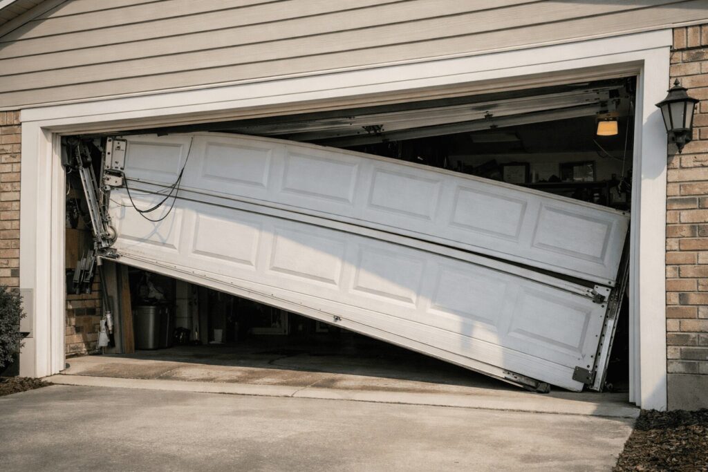Damaged garage door with misaligned track