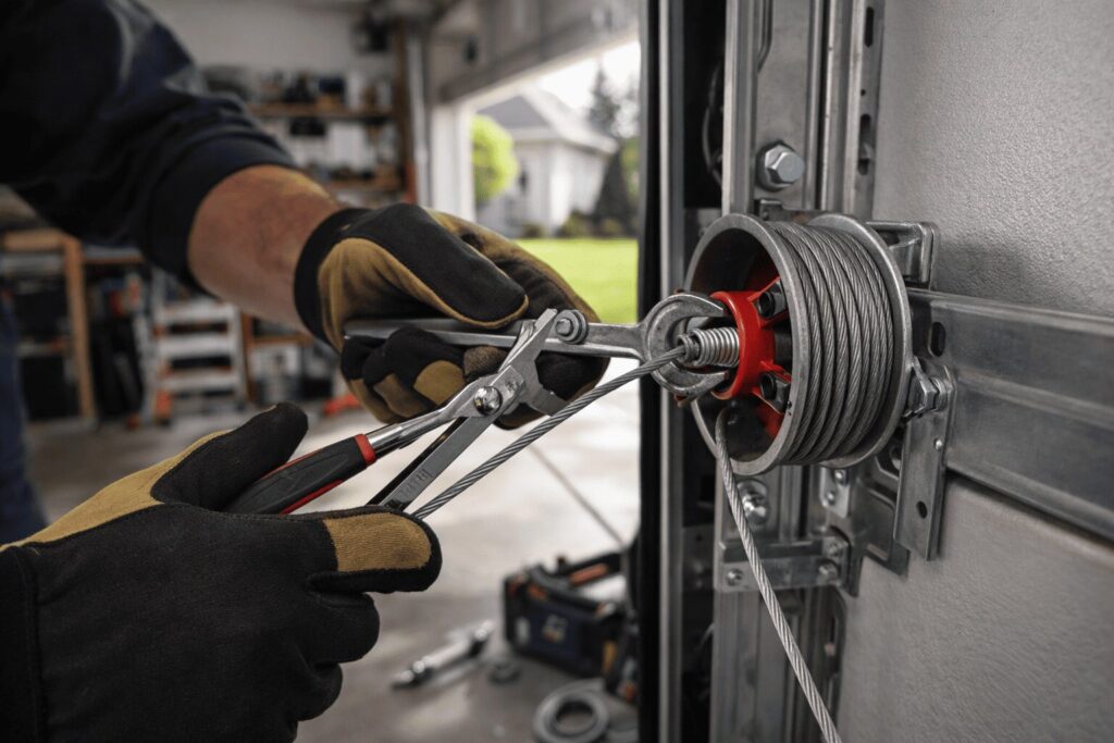 Garage door cable repair in progress